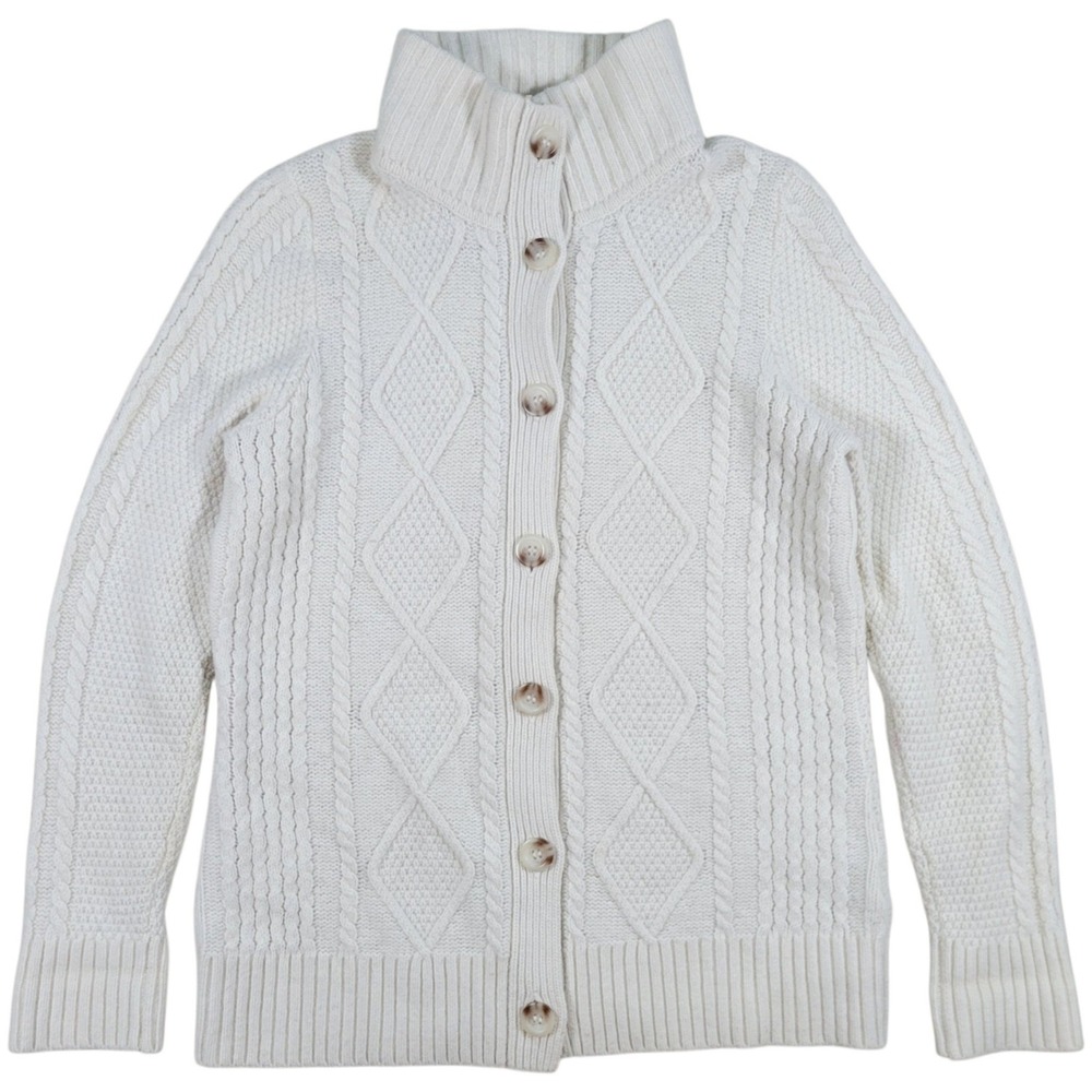 LL Bean Fisherman Cardigan Sweater Women M Ivory Cable Knit Wool Blend Mock Neck